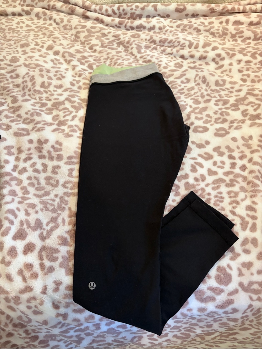 lululemon athletica Black Leggings with Gray Waistband and Green/Purple Interior